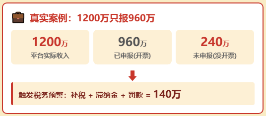 电商平台销售1200万，只申报960万收入，面临补税罚款140万！