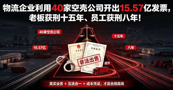 物流企业利用40家空壳公司开出15.57亿发票，老板获刑十五年、员工获刑八年！