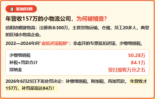 年营收157万的物流公司，补税+罚款84万！物流公司进项票拿不到怎么合规解决？