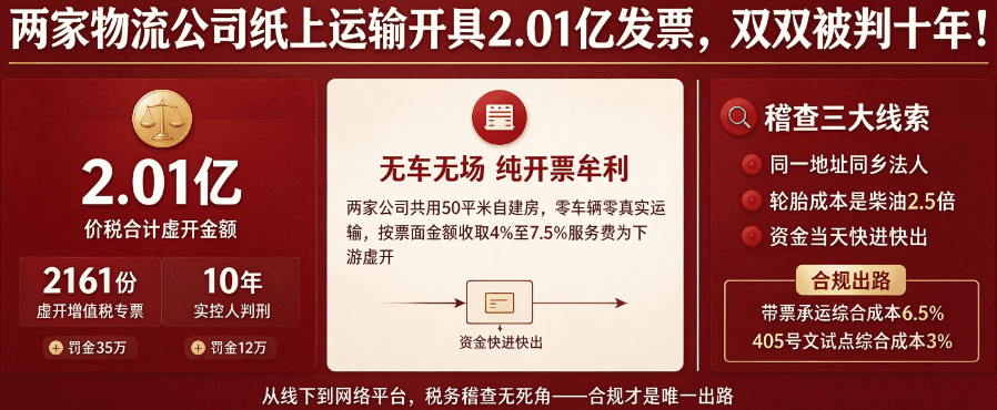 两家物流公司“纸上运输”开具2.01亿发票，双双被判十年！